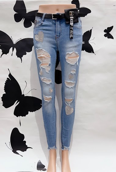Wholesaler DENIM LIFE - Ripped stretch skinny jeans with belt and rhinestone heart