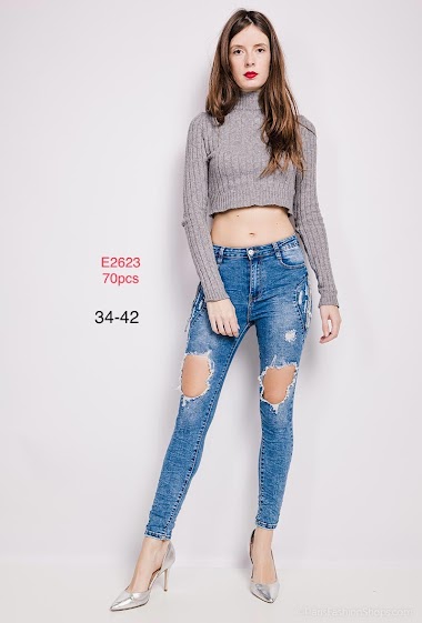 Wholesaler DENIM LIFE - Ripped stretch skinny jeans with rhinestones