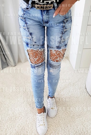 Wholesalers DENIM LIFE - Fancy ripped stretch skinny jeans with rhinestones and fishnet