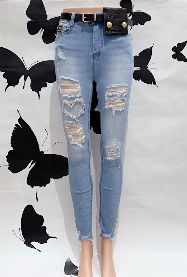 Wholesaler DENIM LIFE - Skinny stretch ripped push up jeans with belt and diamond hearts