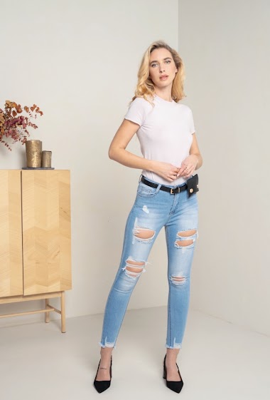 Wholesaler DENIM LIFE - Ripped stretch skinny jeans push up with belt