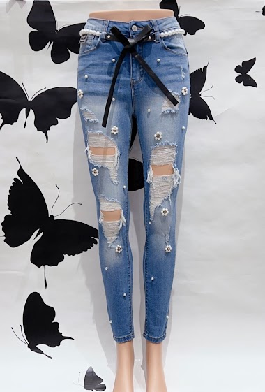Wholesalers DENIM LIFE - Push up ripped stretch skinny jeans with chain and pearls