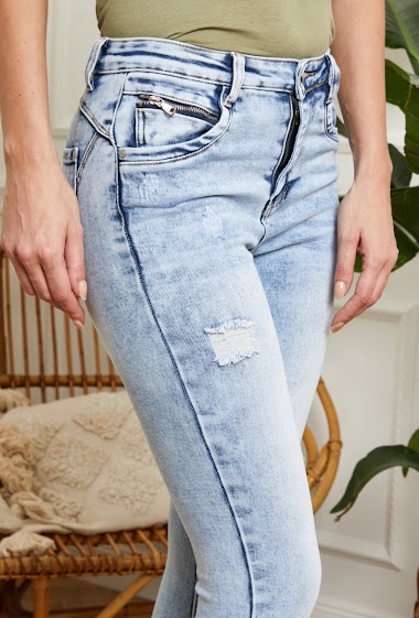 Side Buttons Elastic Waist Denim Pants - Blue - Pomelo Fashion