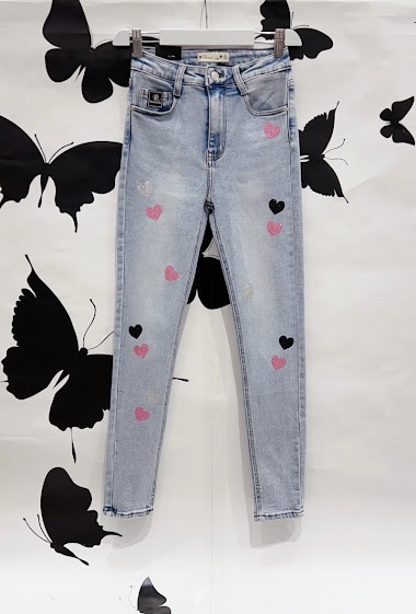 Wholesaler DENIM LIFE - High waist stretch skinny jeans with glitter heart
