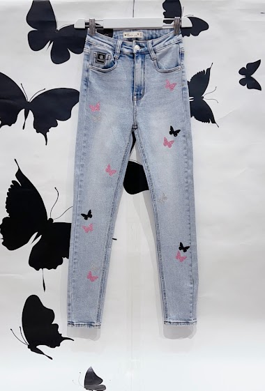 Wholesaler DENIM LIFE - High waist stretch skinny jeans with sequined butterflies