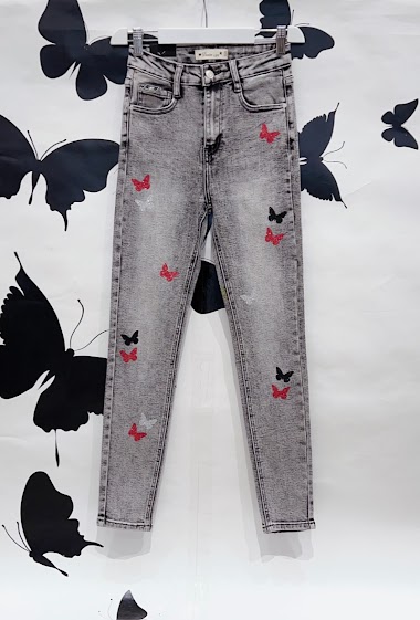 Wholesalers DENIM LIFE - High waist stretch skinny jeans with sequined butterflies