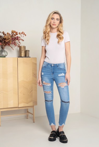 Wholesaler DENIM LIFE - Ripped high waist stretch skinny jeans with zippers
