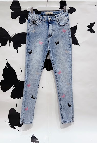 Wholesaler DENIM LIFE - Big size High waist stretch skinny jeans With Glitter Butterflies