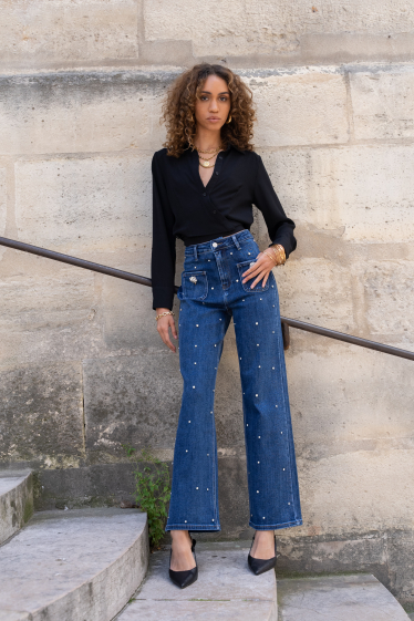 Großhändler DENIM LIFE - Stretch-Mini-Flare-Jeans mit Rautenknöpfen