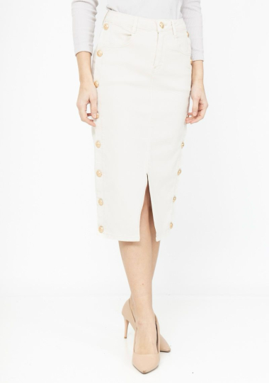 Wholesaler DENIM LIFE - Mid-length stretch denim skirt with gold buttons