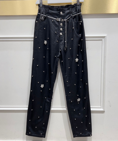Wholesaler DENIM LIFE - Baggy stretch oiled pants, elastic waist with belt