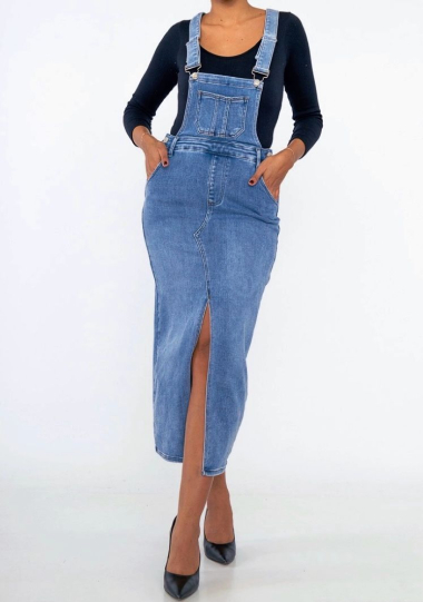 Grossiste DENIM LIFE - Salopette jupe longue en jean stretch