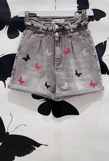 Wholesaler DENIM LIFE - Baggy denim shorts, elastic waist with sequined butterflies
