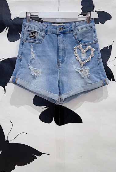 Wholesalers DENIM LIFE - Ripped denim shorts with diamond heart