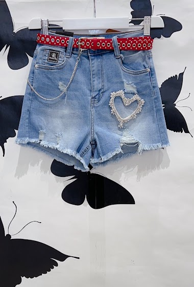 Wholesaler DENIM LIFE - Ripped denim shorts with diamond heart