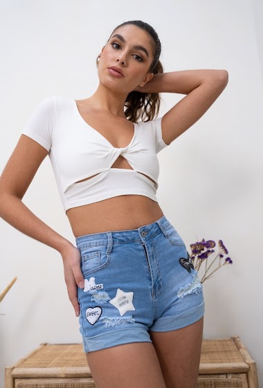 Wholesalers DENIM LIFE - Ripped denim shorts with patches