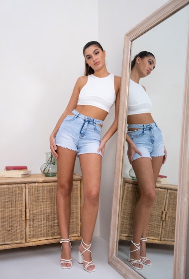 Wholesalers DENIM LIFE - Cut out stretch shorts with pearls