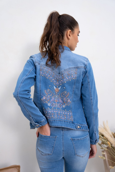 Wholesaler DENIM LIFE - Denim jacket with embroidery and rhinestones on the back