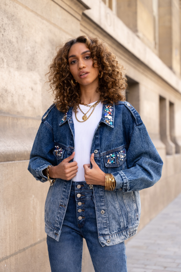 Veste en jean oversize bi couleur avec diamants et perles DENIM