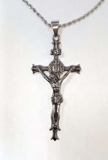 Grossiste Diamond - Collier acier grand croix inri