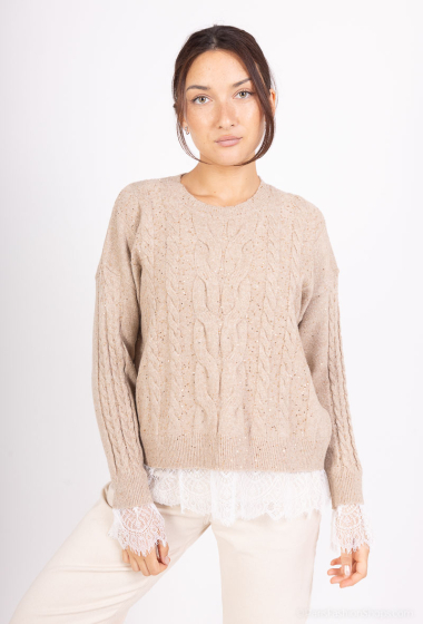 Grossiste Dix-onze - Pull sequin et lurex avec dentelle col rand