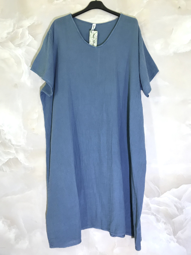 Großhändler D&L Creation - Langes Kleid mit V-Ausschnitt aus doppeltem Baumwollgas