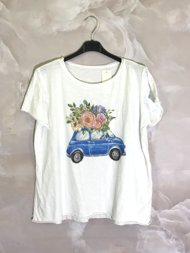 Wholesaler D&L Creation - White background t-shirt with print and rhinestones