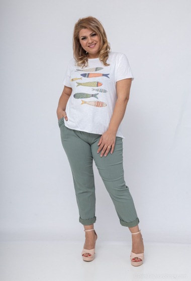 Wholesaler D&L Creation - White background t-shirt with print and rhinestones