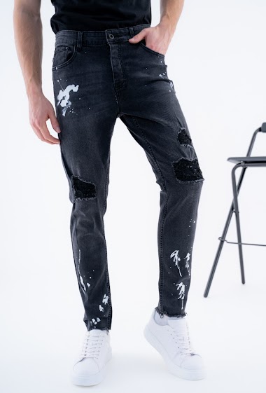 Grossiste Omnimen - Jeans skinny finition gris déchiré et taché