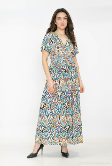 Großhändler Elissa - Langes bedrucktes Kleid mit V-Ausschnitt und kleinen Ärmeln