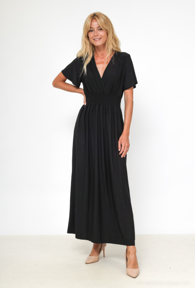 Großhändler Elissa - Langes schwarzes Kleid mit kurzen Ärmeln