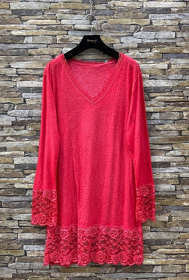 Wholesaler Elle Style - Long sleeve cotton t-shirt dress with romantic lace
