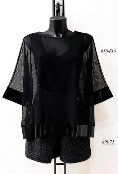 Wholesaler Elle Style - KENDAL Two-piece Top Black Uni Pattern with leather detail