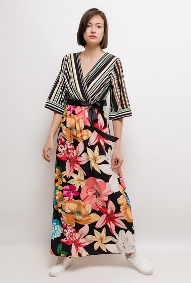 Mayorista Elle Style - Maxi dress, long floral dress, bi pattern, kimono inspiration.