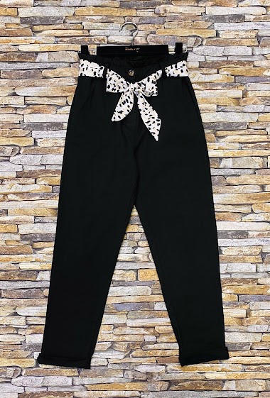 Großhändler Elle Style - CHRYS Cotton pants with scarf-inspired belt, 2 front pockets with zip and button
