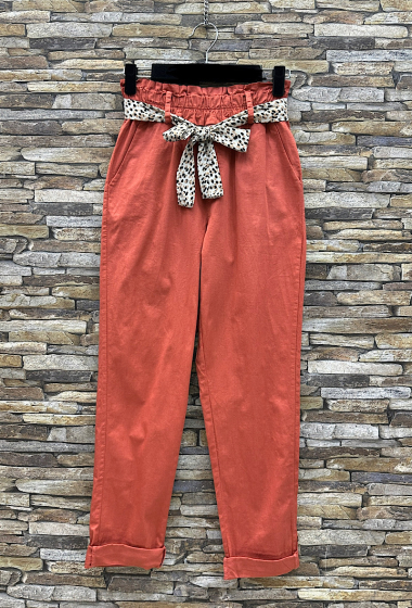Wholesaler Elle Style - CHRISY cotton pants with scarf-inspired belt, front pockets