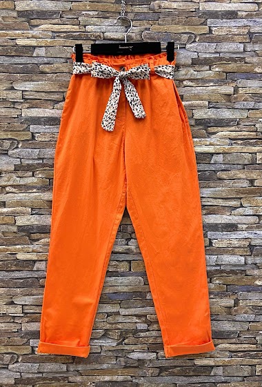 CHRYS Cotton pants with scarf-inspired belt, 2 front pockets with zip and button
