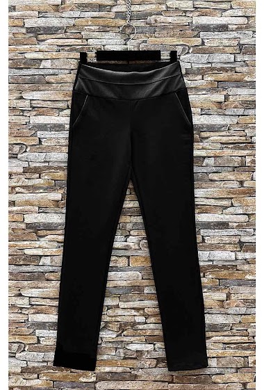 Grossiste Elle Style - Pantalon KAI Chic Taille Haute / Details cuir avec poches, tissus MILANO strech