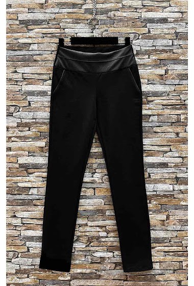 Grossiste Elle Style - Pantalon KAI Chic Taille Haute / Details cuir avec poches, tissus MILANO strech