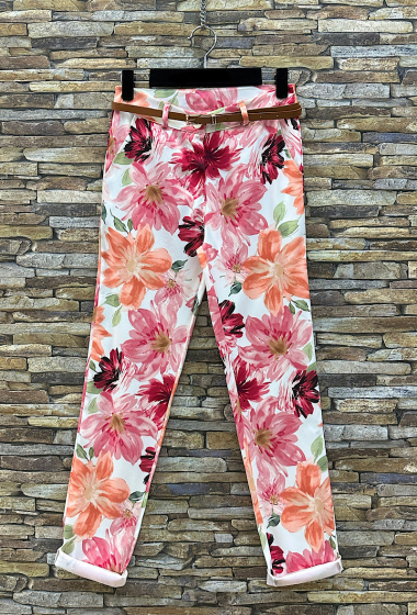 Wholesaler Elle Style - KARRA Trousers, Chic, High Waist Patterned with Pockets and belt