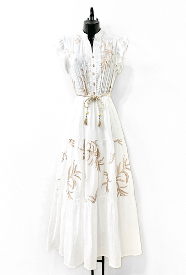 Wholesaler Elle Style - BELO fluid cotton dress with lining, gold embroidery, bohemian chic with belt