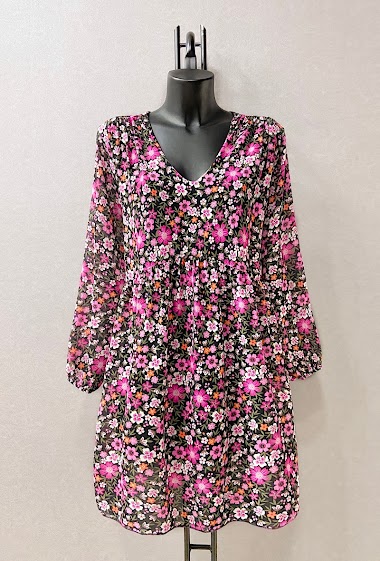 CLEMENCE Printed dress, very fluid on the back, casual, with long sleeves