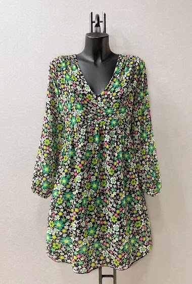 CLEMENCE Printed dress, very fluid on the back, casual, with long sleeves
