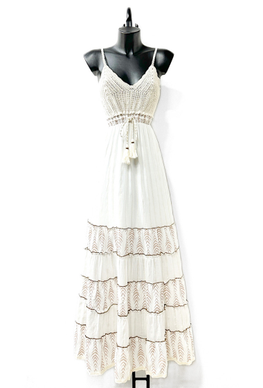 Wholesaler Elle Style - BELO fluid cotton dress with lining, gold embroidery, bohemian chic with belt
