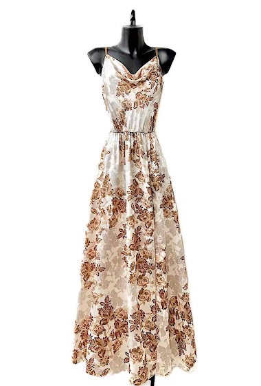 Wholesaler Elle Style - ELODIE dress in satin, adjustable straps with slit, printed, very fluid, romantic