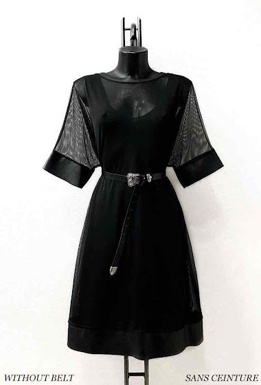 Wholesaler Elle Style - JENNY Two-piece Maxi Dress, Black Uni Pattern with leather detail.