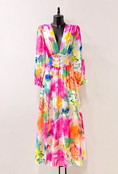 Wholesalers Elle Style - JULIETTA printed dress, long sleeves, buttons and viscose lining with slit