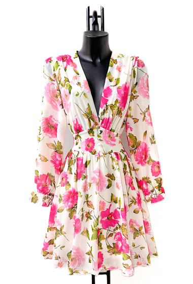 Großhändler Elle Style - Bedrucktes Kleid JULIETTE mit langen Ärmeln, Knöpfen und Viskosefutter