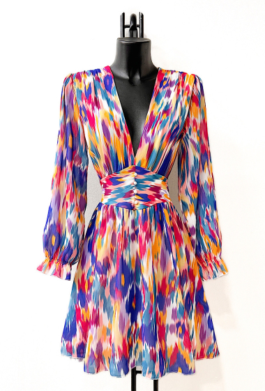 Großhändler Elle Style - JULIETTE bedrucktes Kleid mit langen Ärmeln, Knöpfen und Viskosefutter