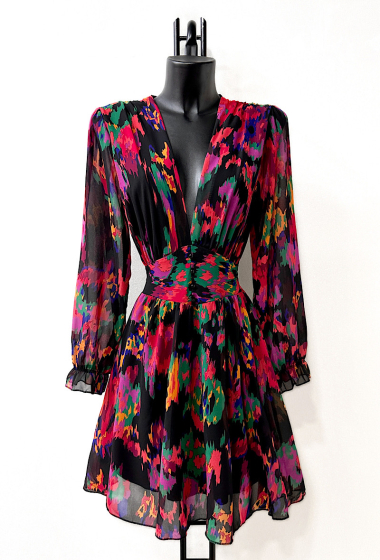 Großhändler Elle Style - JULIETTE bedrucktes Kleid mit langen Ärmeln, Knöpfen und Viskosefutter